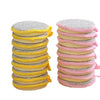 A stack of double-sided microfiber cleaning cloths in yellow and pink colors.
