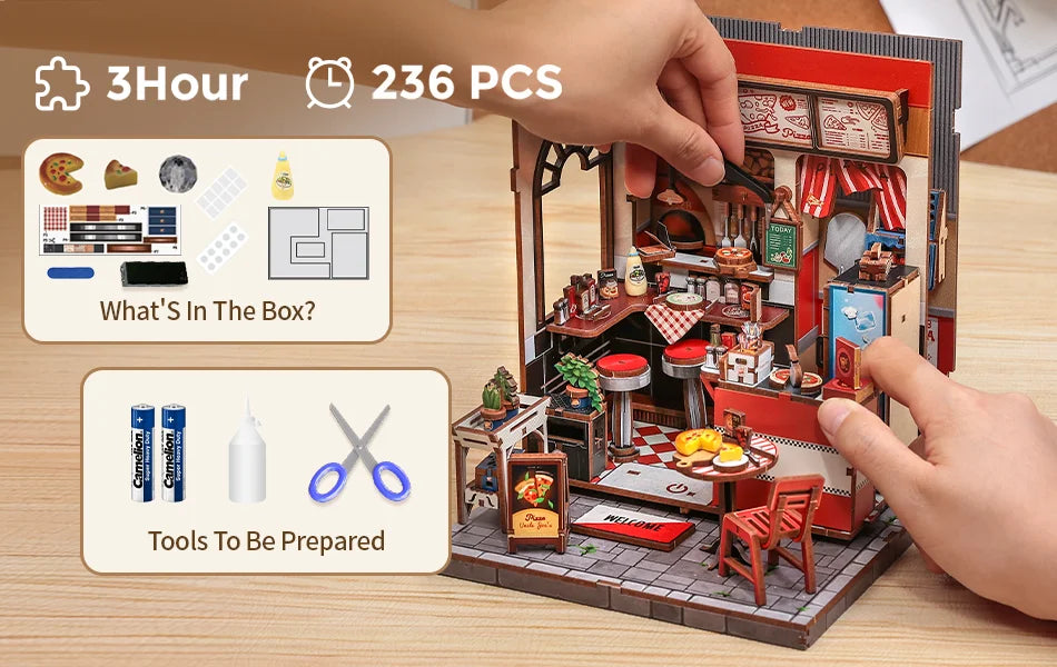 Book Nook DIY Wooden Miniature Kit with LED Lighting