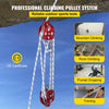 A professional climbing pulley system with a red block and tackle and white rope against a blue sky background.