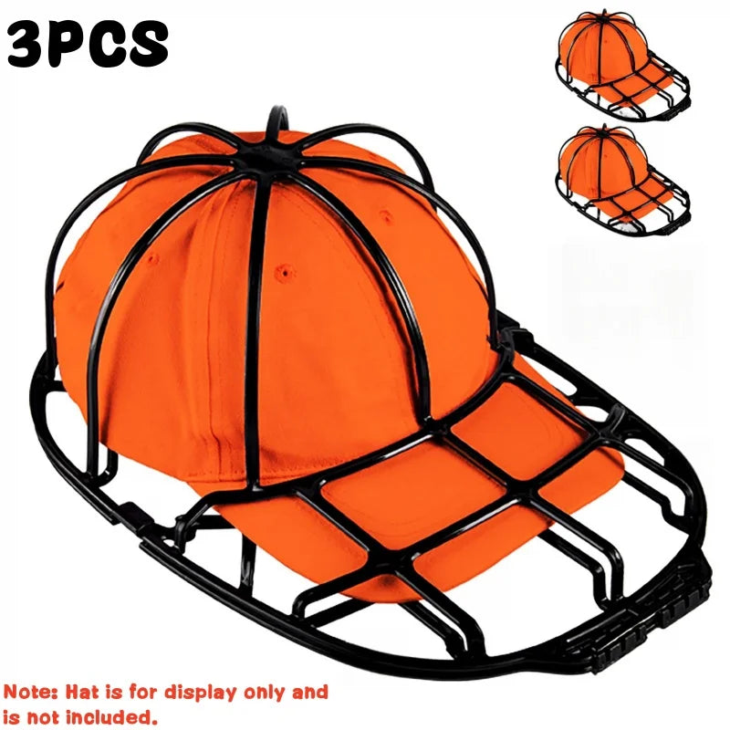 Three orange hat washing cages for baseball caps displayed against a white background.