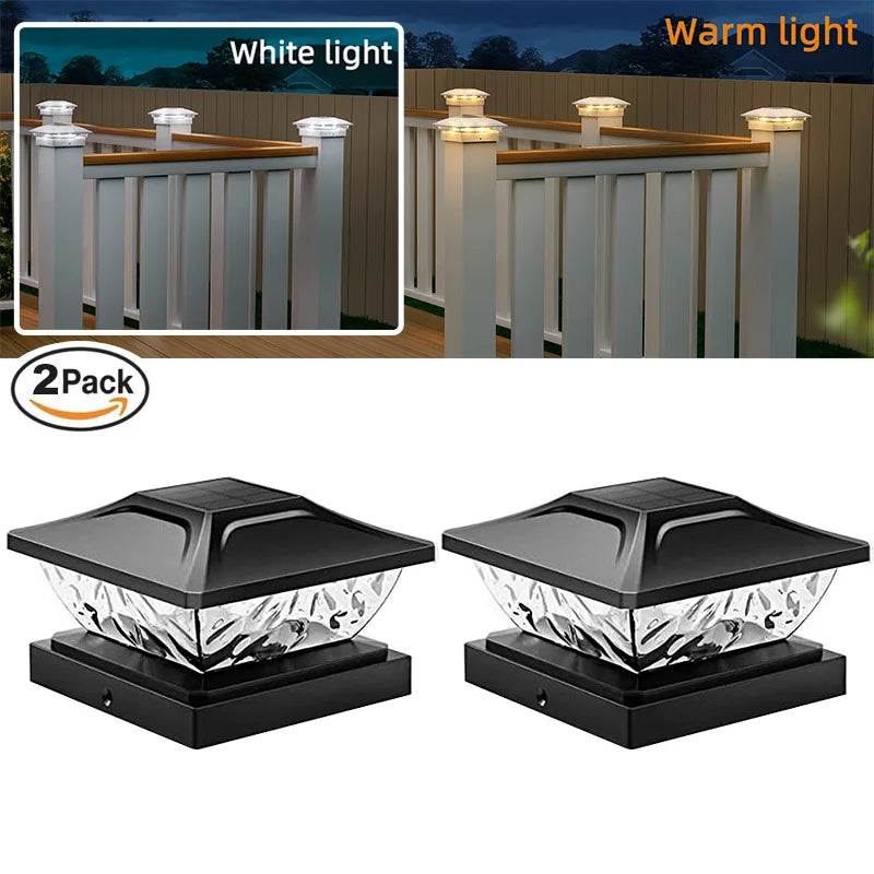 A set of solar post cap lights with warm LED for illuminating fences, decks, and patios.