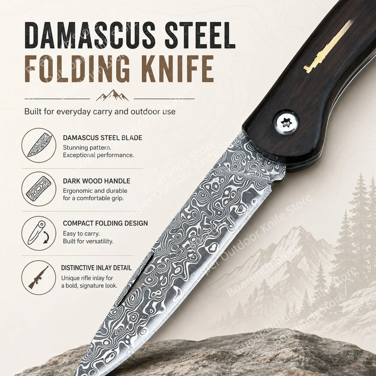 Damascus Steel Folding Pocket Knife with Ebony Handle