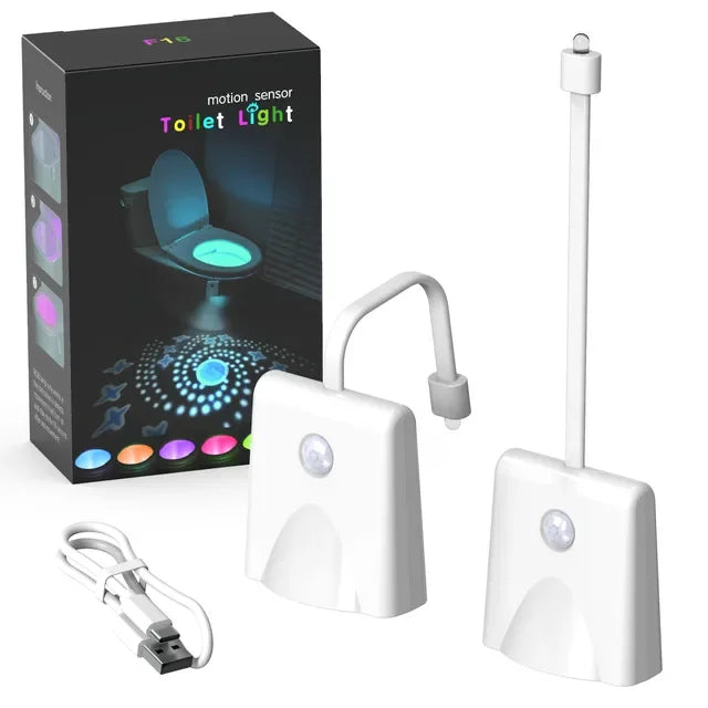 A rechargeable motion sensor toilet light consists of a main unit and a separate light fixture.