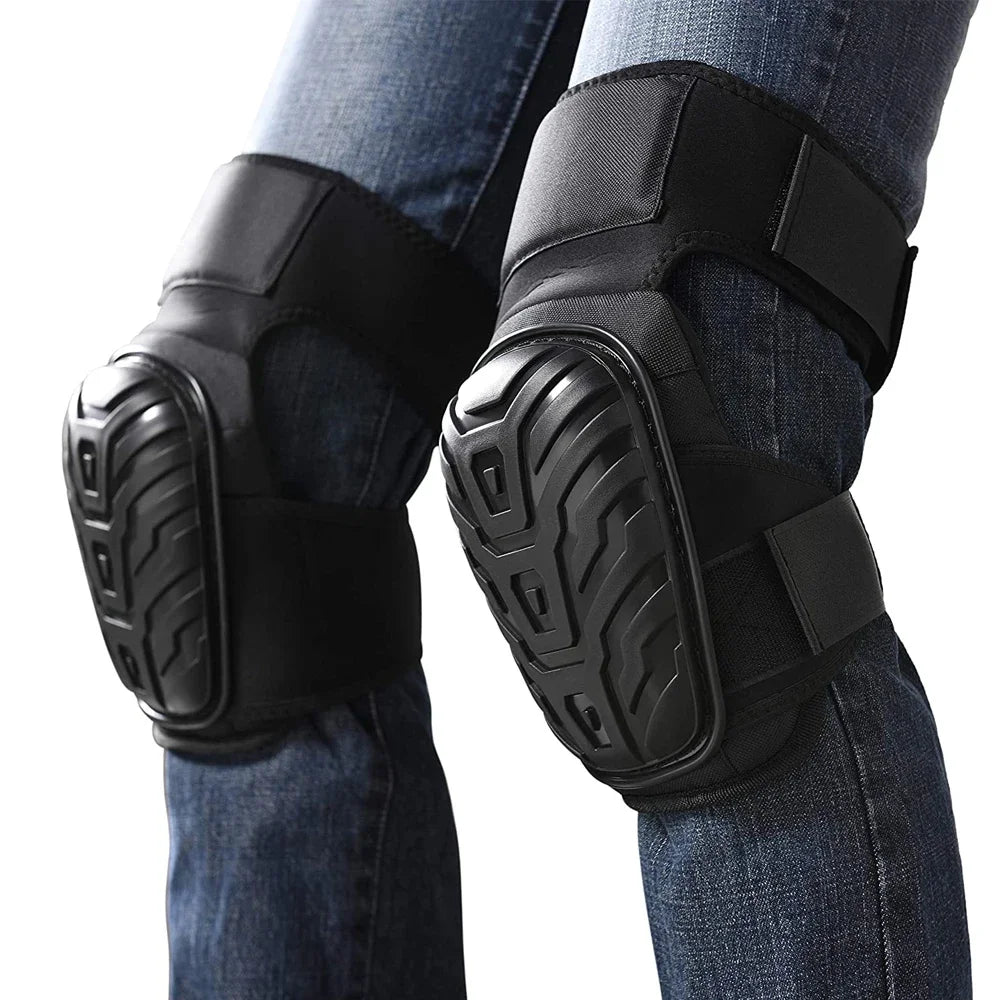 Black heavy-duty gel knee pads worn on a person's lower leg.