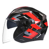 A black and red vintage open-face motorcycle helmet with a clear visor.