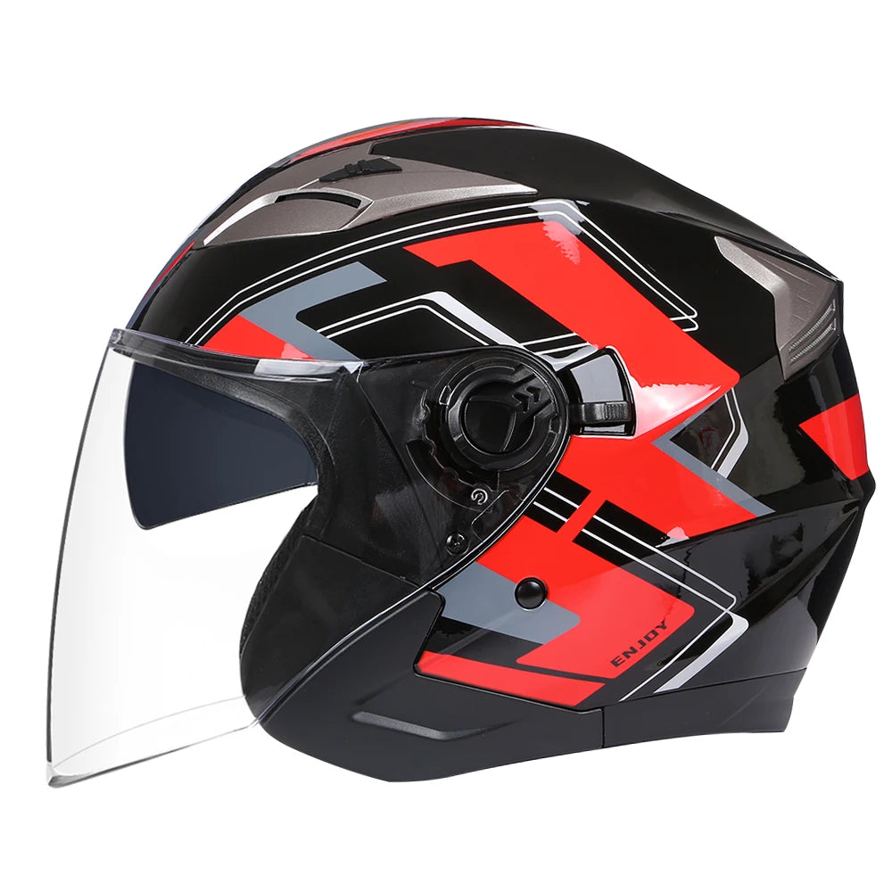 A black and red vintage open-face motorcycle helmet with a clear visor.