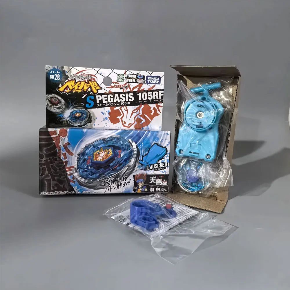 A box set for a metal spinning top battle featuring a blue Pegasus design and accessories.