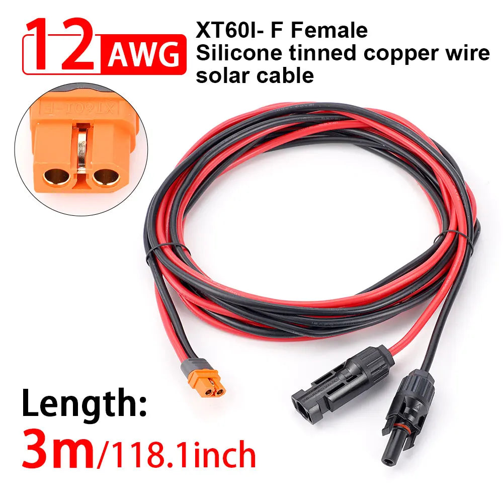 A black and red silicone tinned copper wire solar cable with an XT60I-F female connector, 3 meters long.