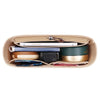 A tan felt bag organizer showing multiple internal pockets for storing various items like a phone and papers.