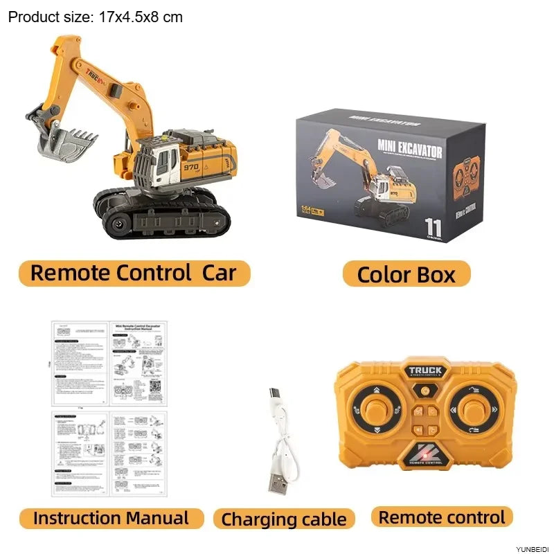 A yellow 1:64 scale remote control forklift with a trailer and various accessories like a color box instruction manual and ch