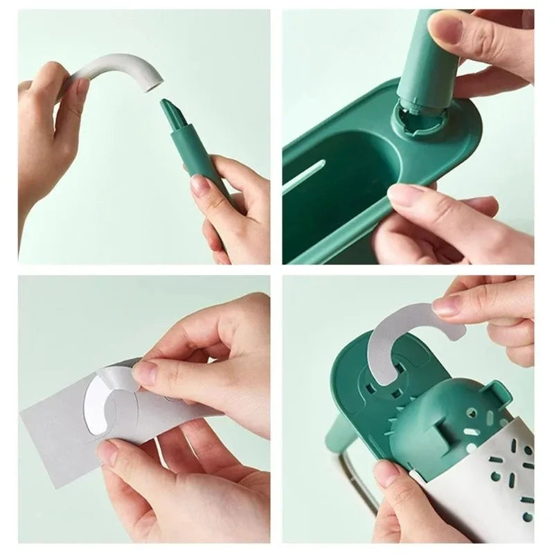 Hands demonstrate the use of an adjustable over-sink dish drying rack and kitchen organizer for drying dishes.
