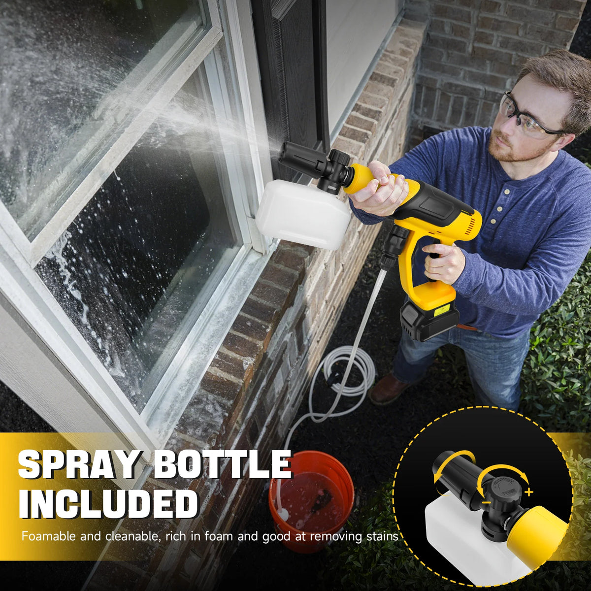 A man sprays a window with a yellow portable cordless pressure washer gun, with a spray bottle included.