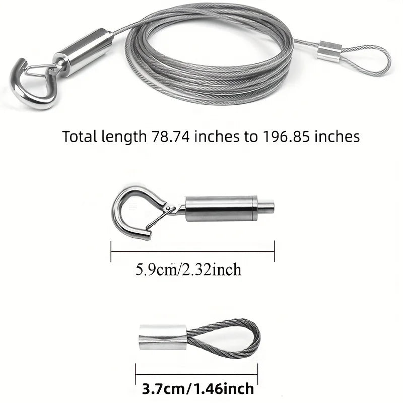 Stainless steel cable hanging kit showing a coiled wire, an eye hook, and a small connector piece.