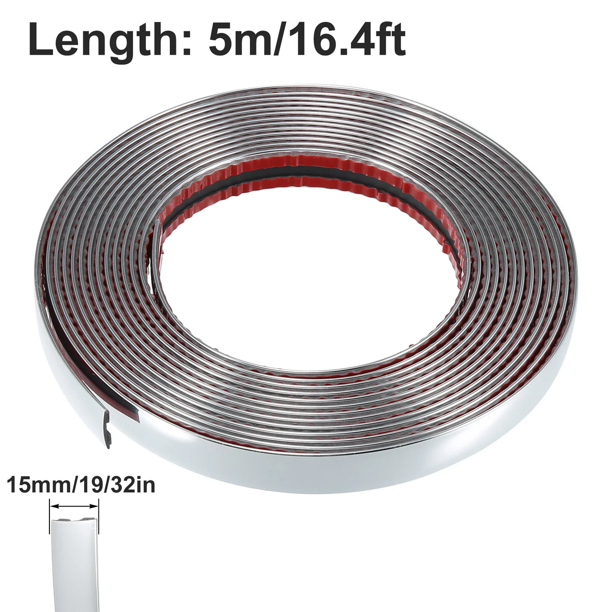 A roll of chrome car door edge guard trim strip with a 5-meter length and 15mm width.