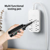 A hand holds a black induction testing pen against a white wall-mounted device for multi functional testing.