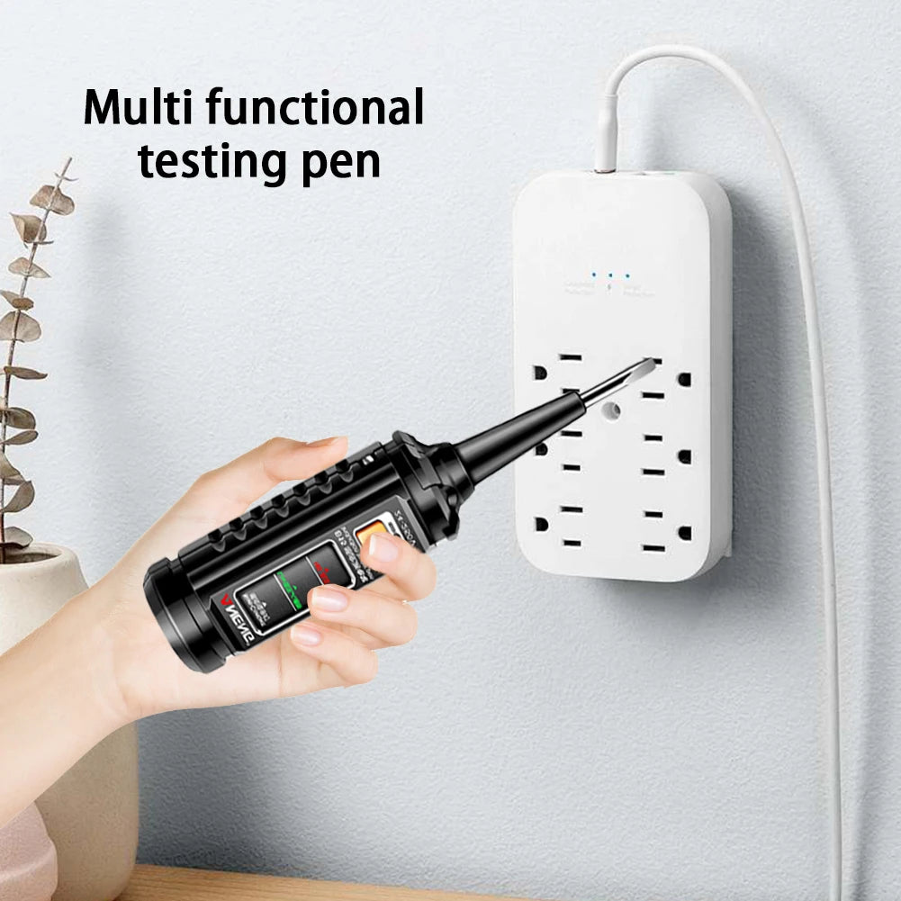 A hand holds a black induction testing pen against a white wall-mounted device for multi functional testing.