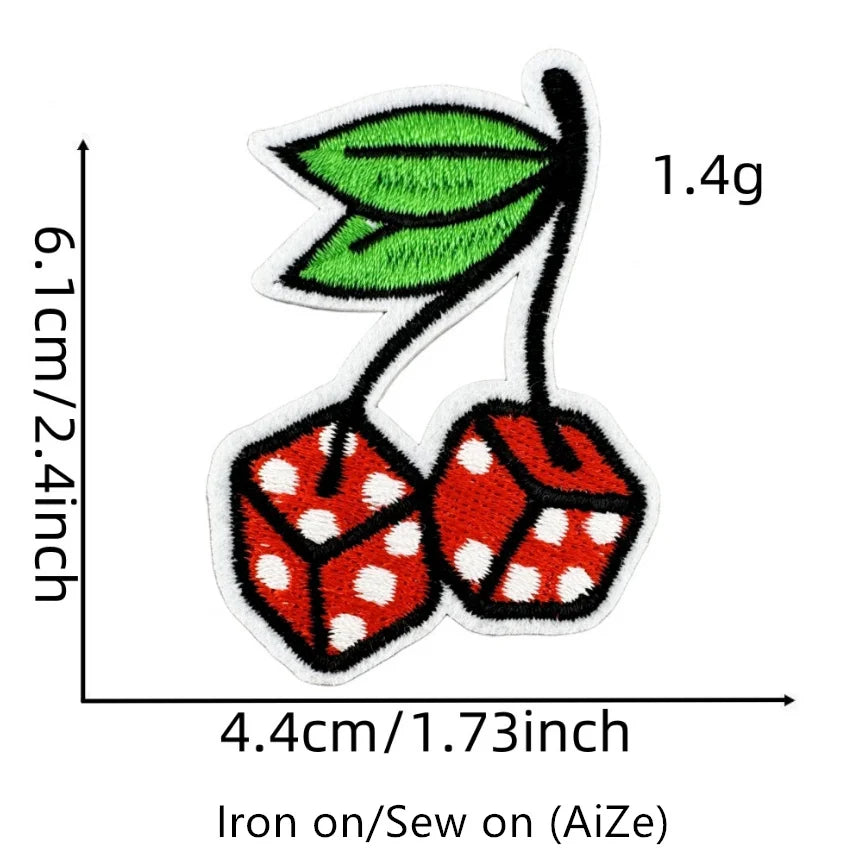 A green leaf and two red cherry patches are shown with dimensions of 6.1cm by 4.4cm.