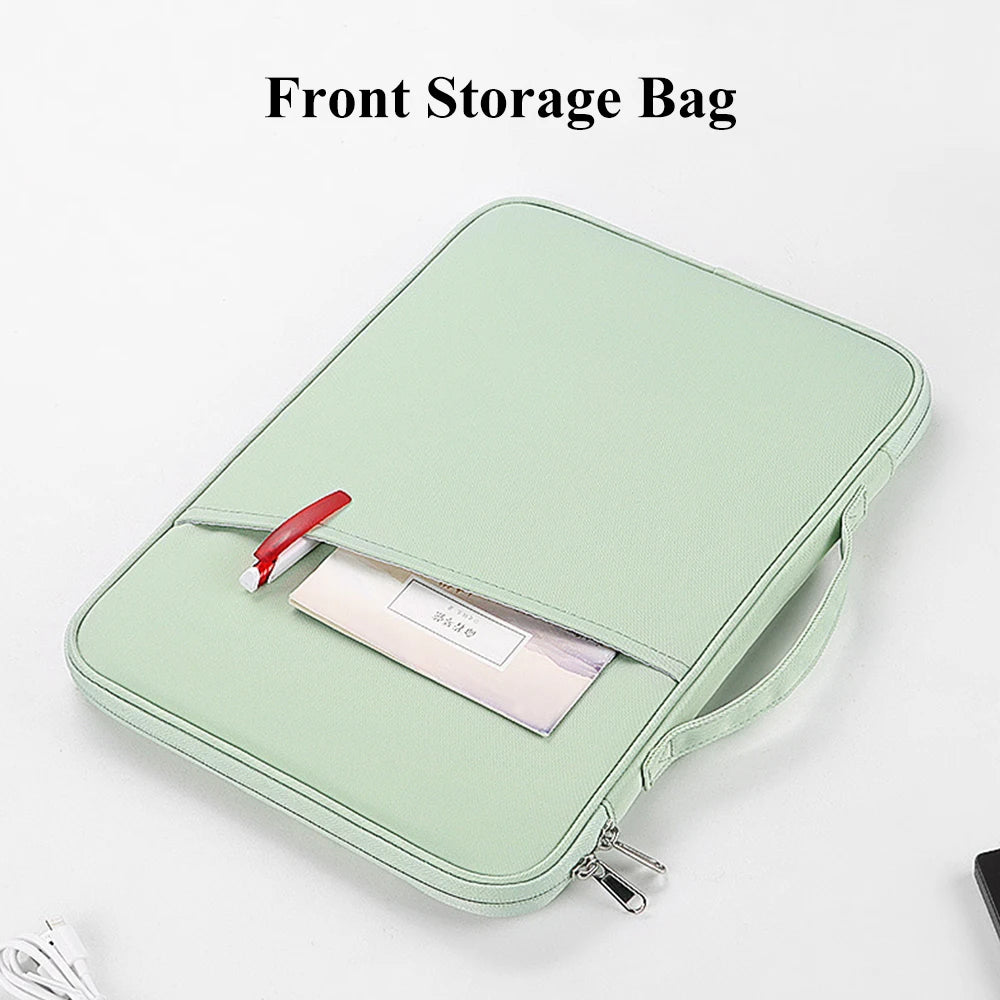 A light green front storage bag or padded laptop sleeve with a zipper and a red tag visible.