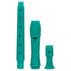 A teal soprano recorder with a cleaning rod and a separate mouthpiece.