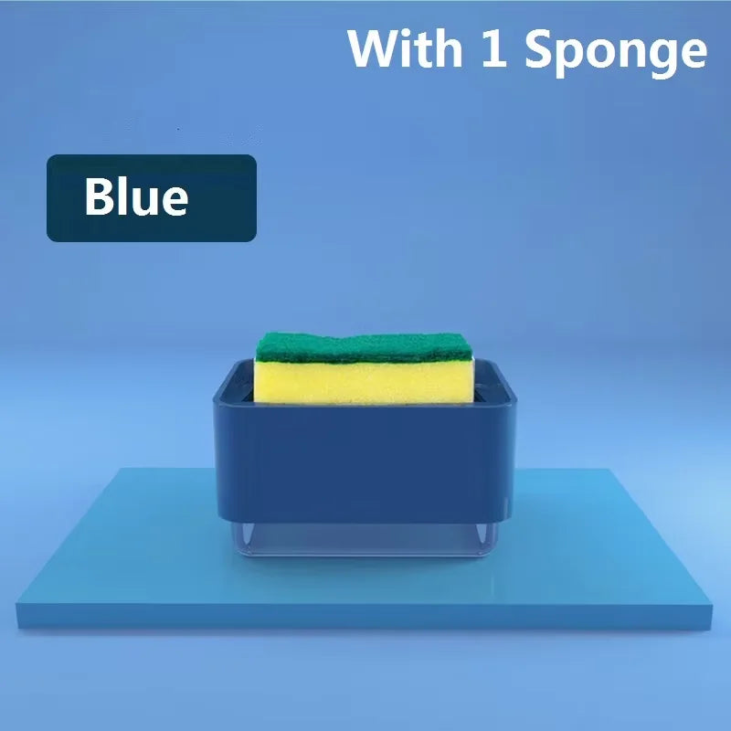 Blue kitchen soap dispenser with a yellow and green sponge inside