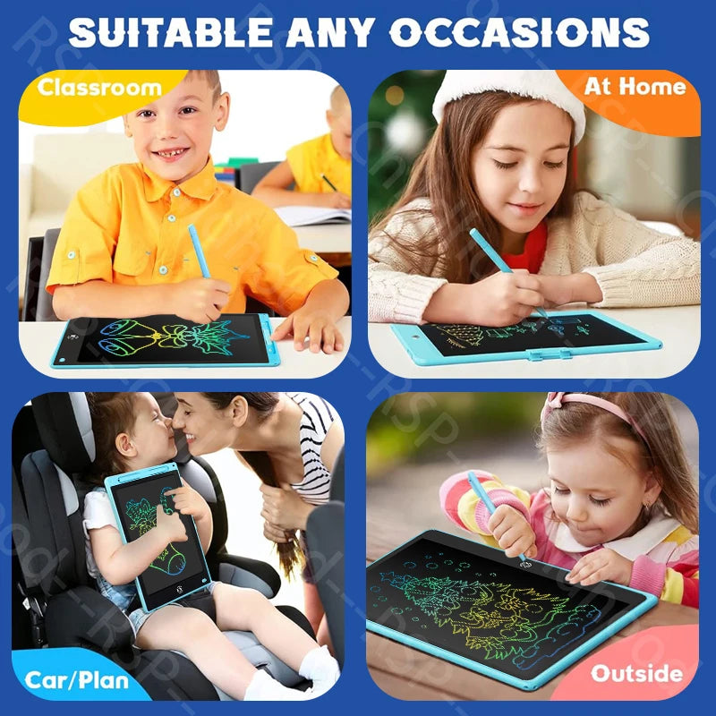 LCD writing tablet for kids with stylus pen shown in classroom, at home, car, and outside settings.