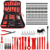 A red car trim removal tool kit with various tools and a storage pouch displayed on a white background.