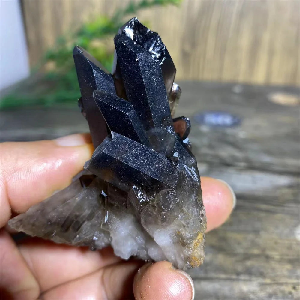 A cluster of dark purple and smoky quartz crystals held in a hand.