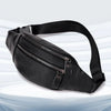 Black genuine leather multi-pocket waist bag with a zipper and adjustable strap.