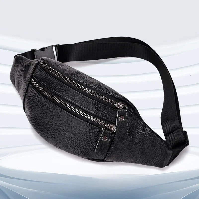 Black genuine leather multi-pocket waist bag with a zipper and adjustable strap.