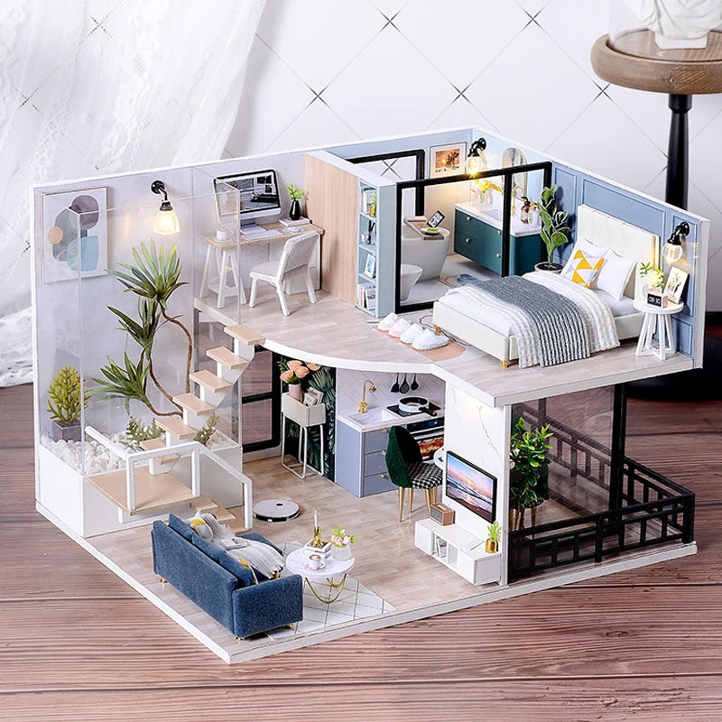 A detailed miniature wooden dollhouse building kit featuring furniture and interior decor.