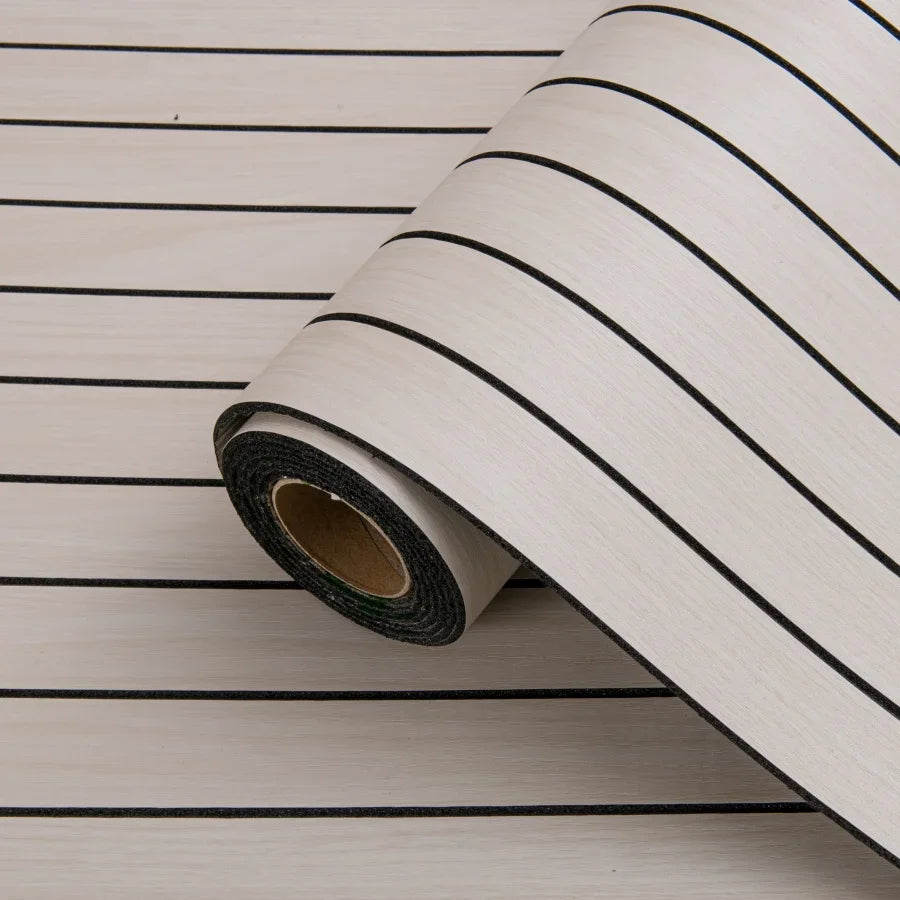Roll of 3D grille pattern peel-and-stick wallpaper with black horizontal stripes on a light background
