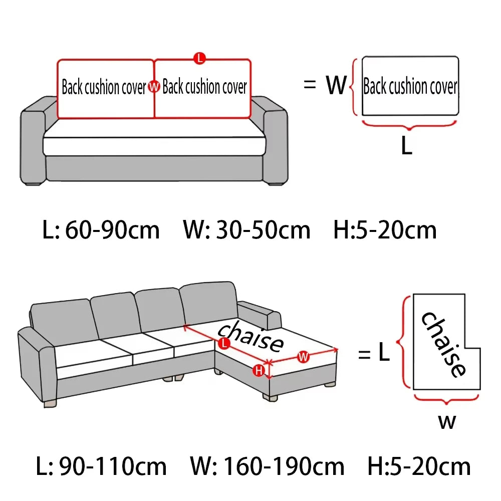 Diagrams showing the dimensions and components of a sofa, including back cushion cover and chaise.