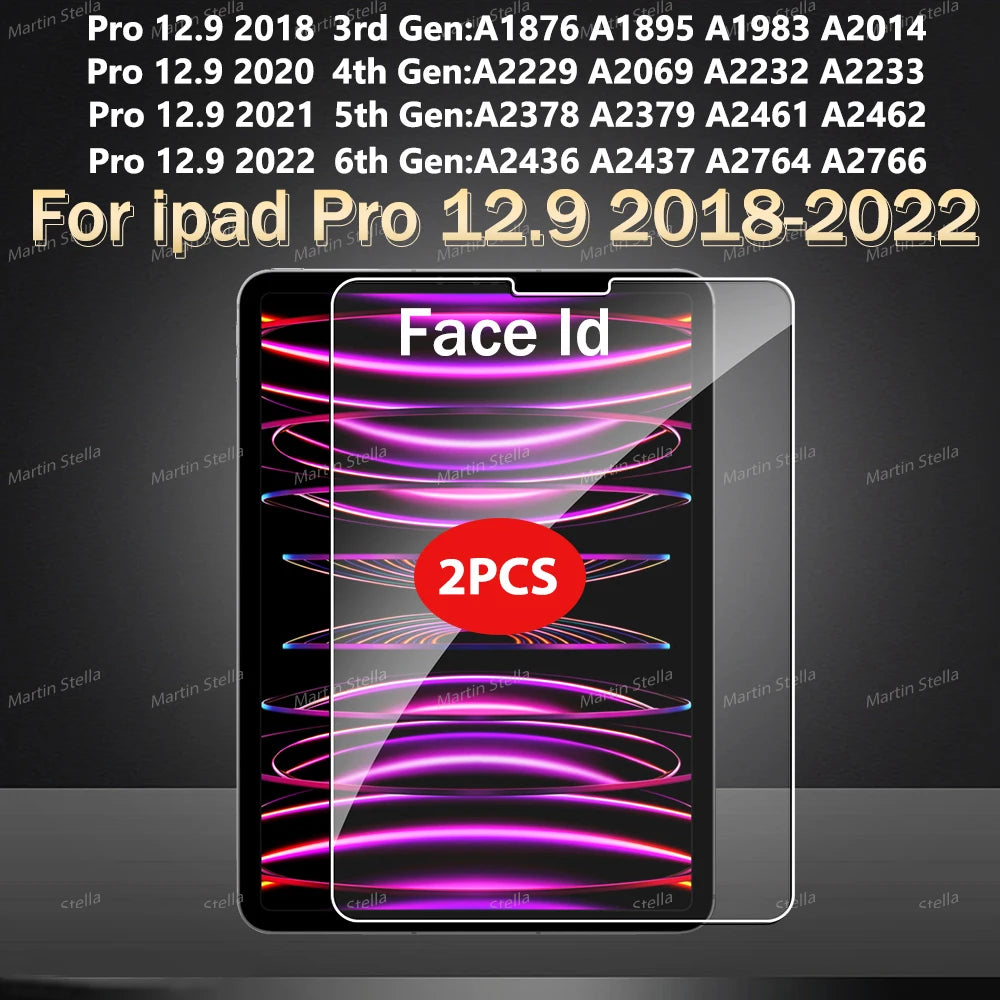 A transparent tempered glass screen protector for an iPad Pro 12.9, showing a Face ID pattern design.