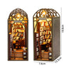 A wooden book nook kit featuring an arched display with built-in LED lighting and shelving.