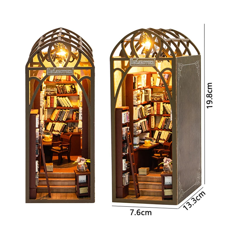 A wooden book nook kit featuring an arched display with built-in LED lighting and shelving.