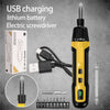 A yellow and black cordless electric screwdriver with a battery and various screwdriver bits is shown against a gray backgrou