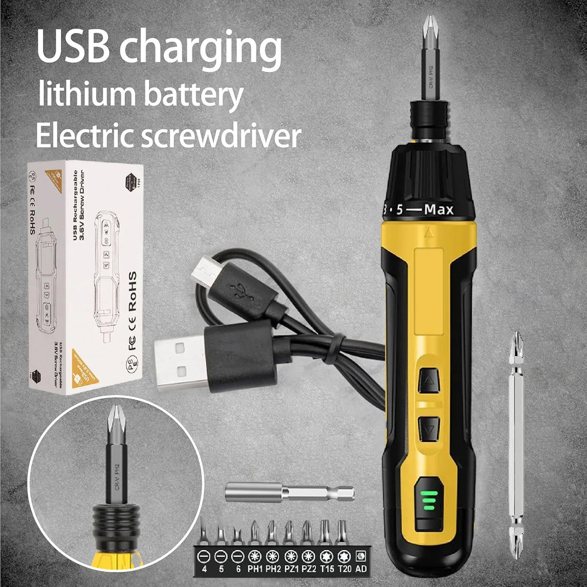 A yellow and black cordless electric screwdriver with a battery and various screwdriver bits is shown against a gray backgrou