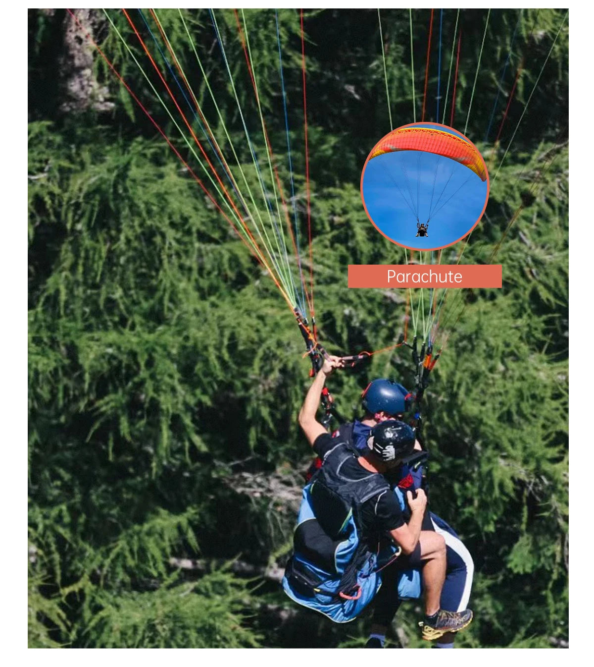 A person is preparing to launch a parachute with an orange and blue canopy in a dense green forest setting.