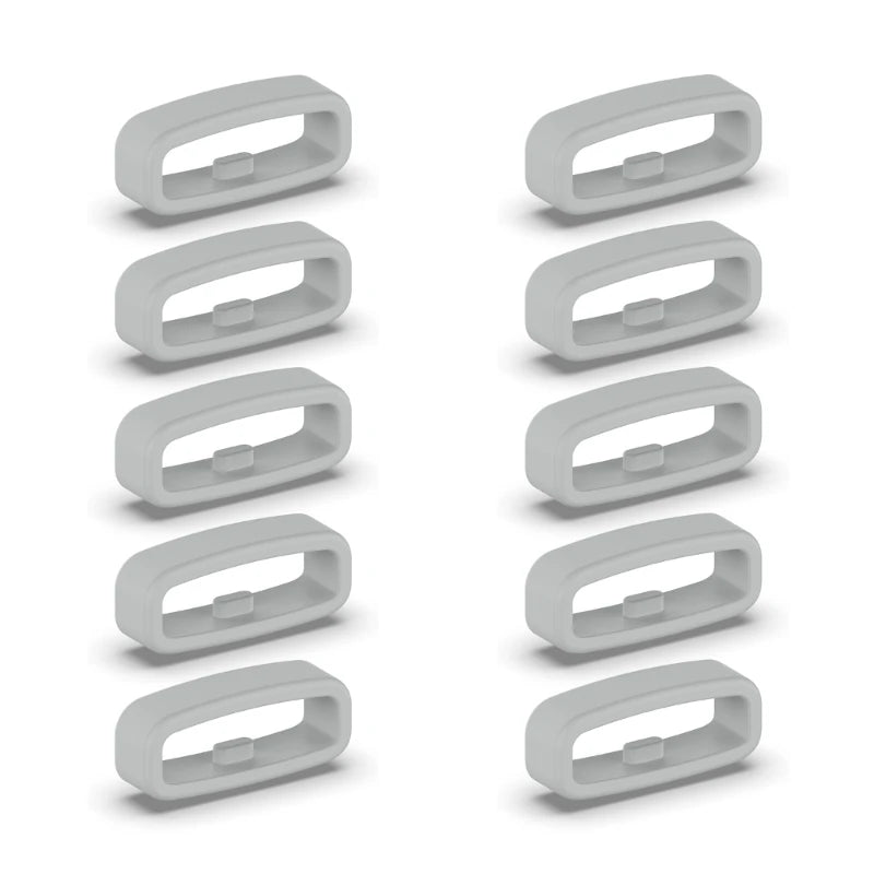 A set of ten gray silicone watch strap retainers shown in a vertical arrangement.