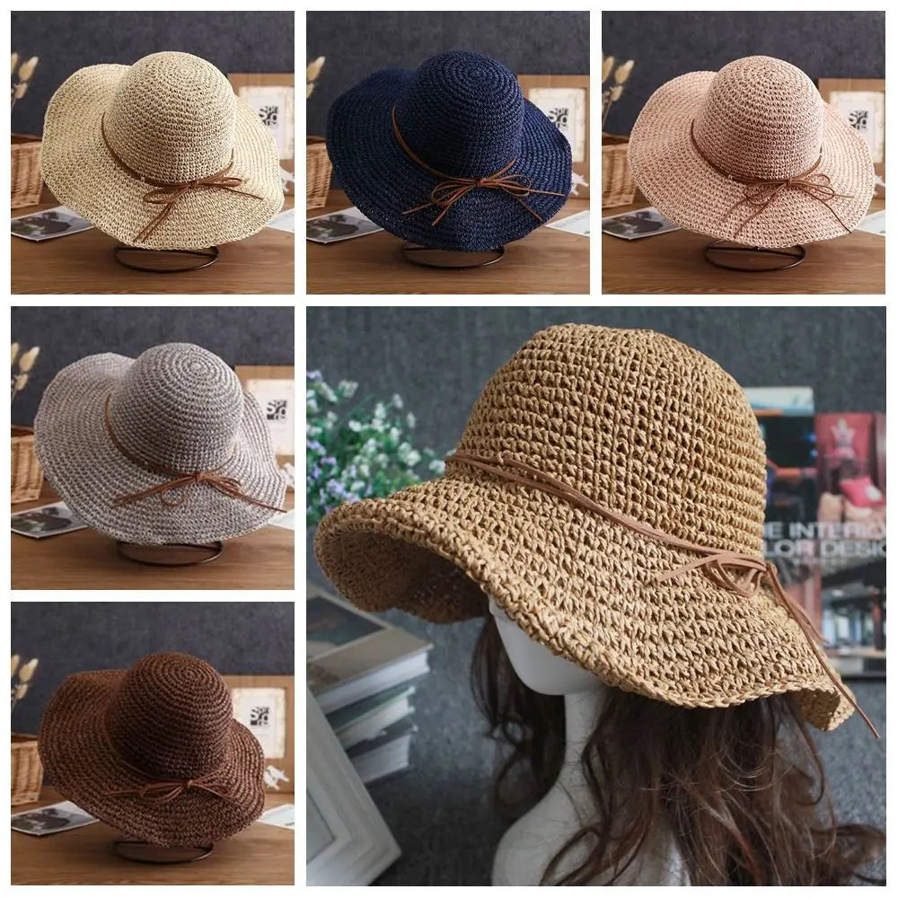 Colección de sombreros de paja para el sol en varios tonos y estilos, incluyendo sombreros de ala ancha y estilo fedora.