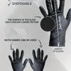 A pair of black disposable nitrile gloves showing the texture and length, with text highlighting features.