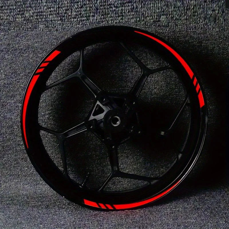 Black motorcycle wheel rim with red sport stripe vinyl hub decoration