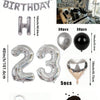 A kit for creating a balloon garland featuring silver and black foil numbers and balloons.