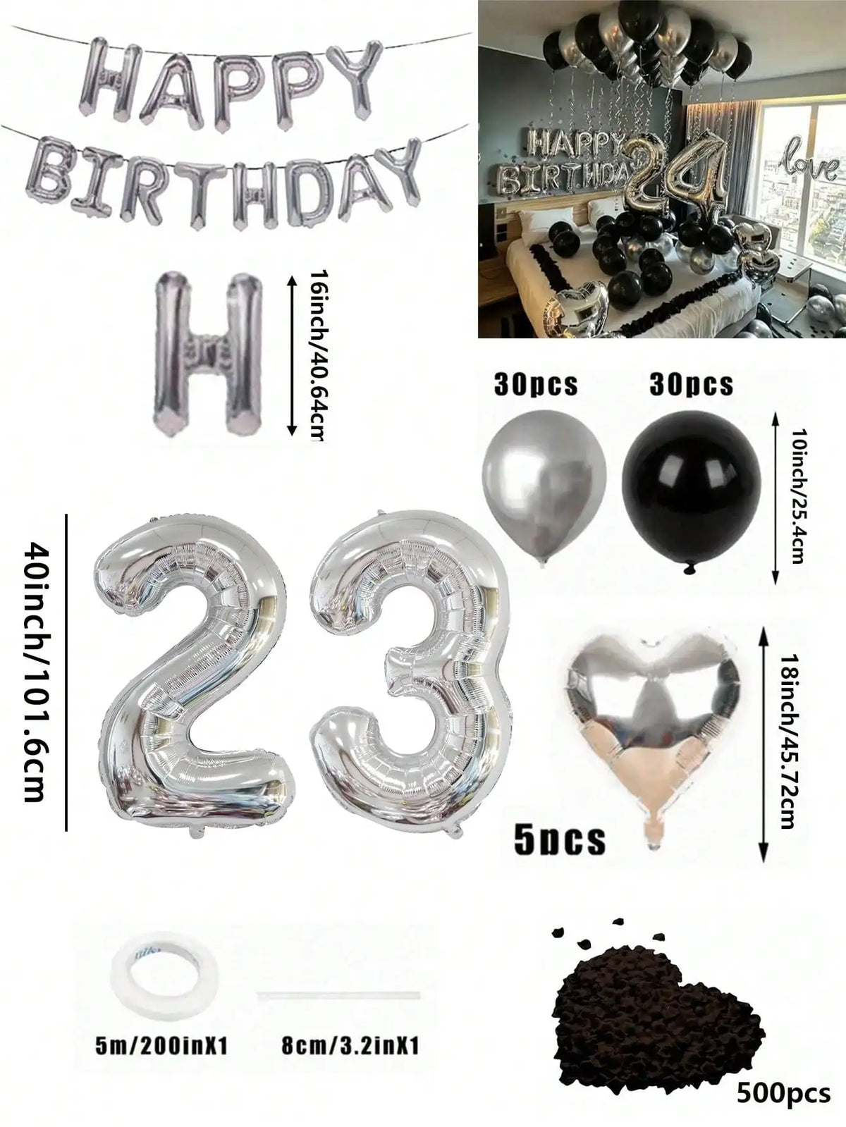 A kit for creating a balloon garland featuring silver and black foil numbers and balloons.