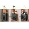 Black cutlery organizer holding various forks and knives, shown in size S, M, and L options.