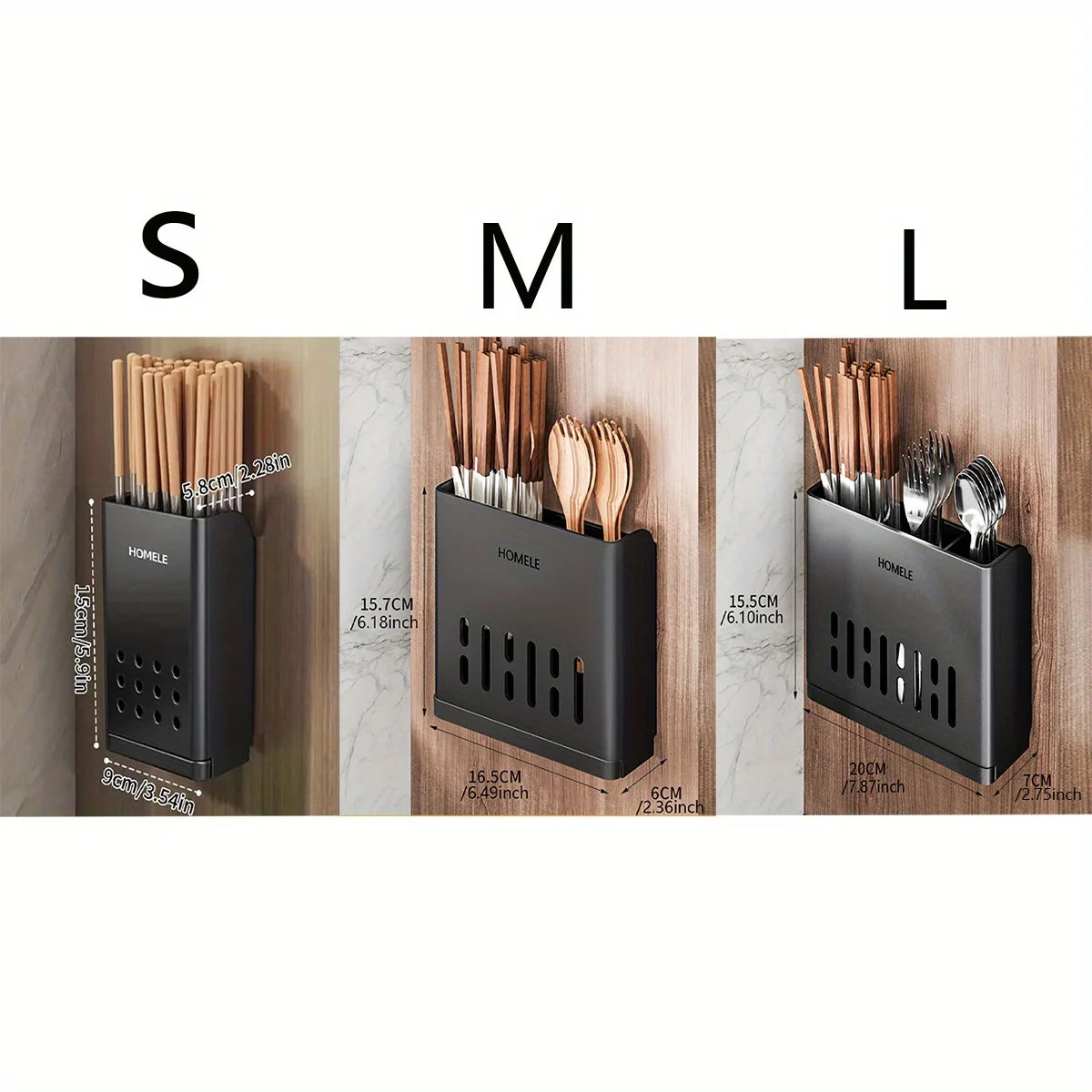 Black cutlery organizer holding various forks and knives, shown in size S, M, and L options.
