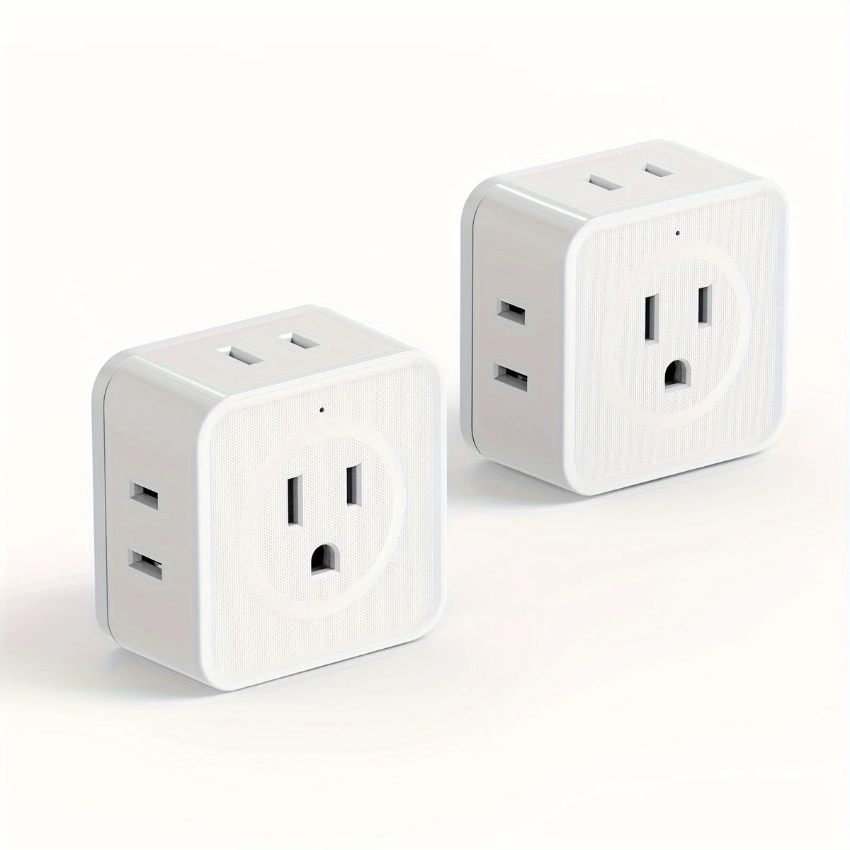 Multiprise murale blanche à 5 prises avec ports USB, vue de dessus.