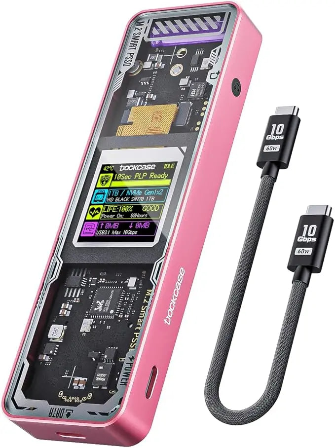 Rosa M.2 Smart SSD-Gehäuse mit LCD-Display und abnehmbare USB-Kabel