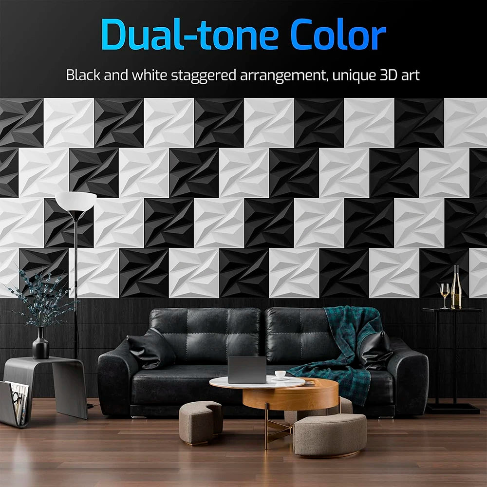 Black and white staggered diamond textured wall panels used as modern accent wall decor.