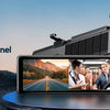 A black OBDPeak H330 4-channel 4K dash cam with a 11.26 inch touchscreen displaying a road scene.